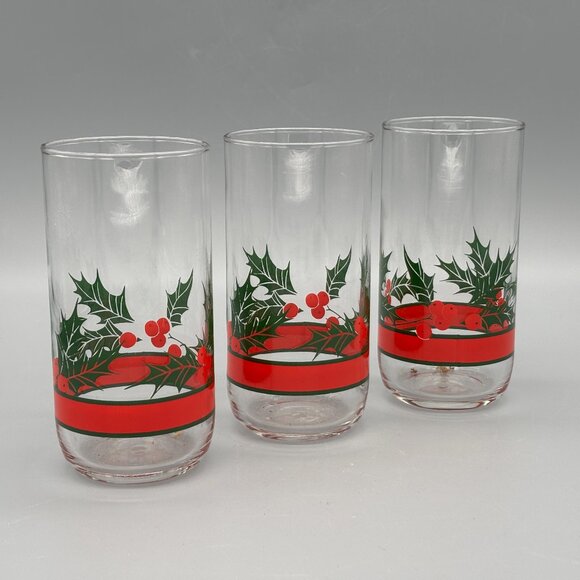 Vintage Christmas Glasses Libbey Holly & Berry Highball Tumblers (Set of 3) - Picture 1 of 5